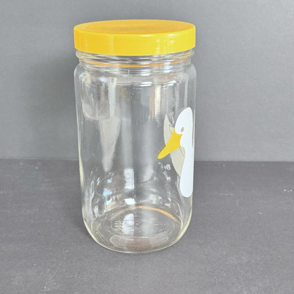 Vintage Clear Glass Jar Canister Duck Theme Print Yellow Lid No‎ Fading No Dmg